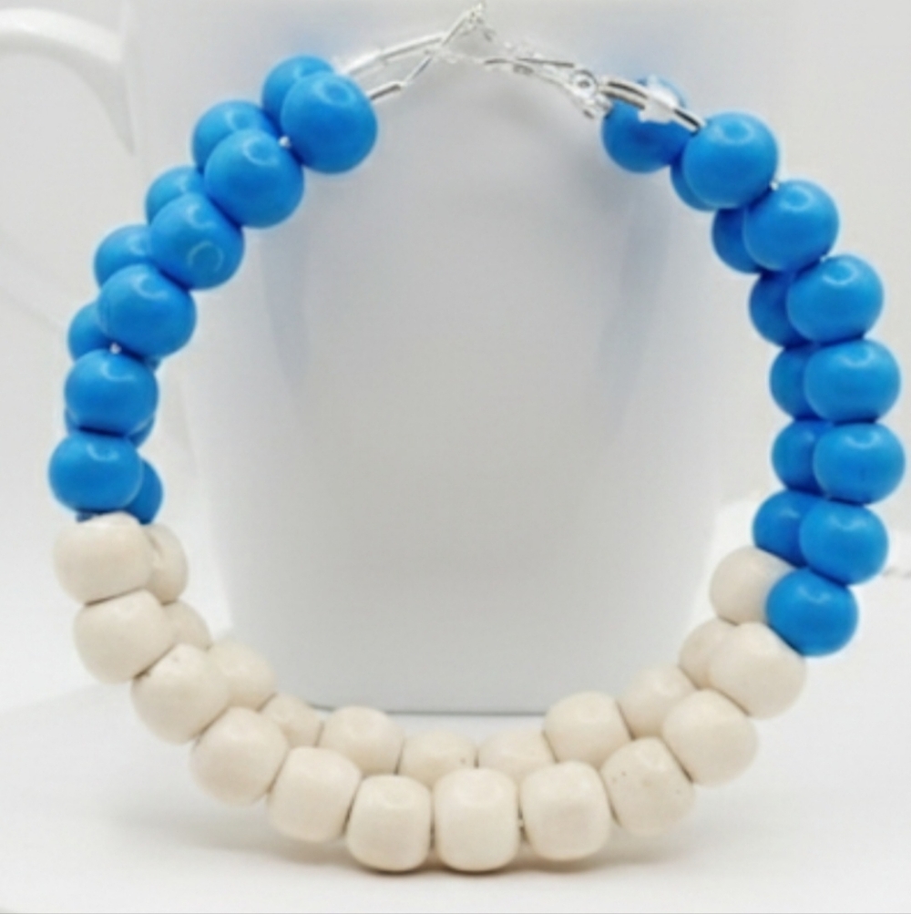 Large hoop earrings, large wooden bead earrings, earrings with blue and white3.0 - Picture 2 of 9